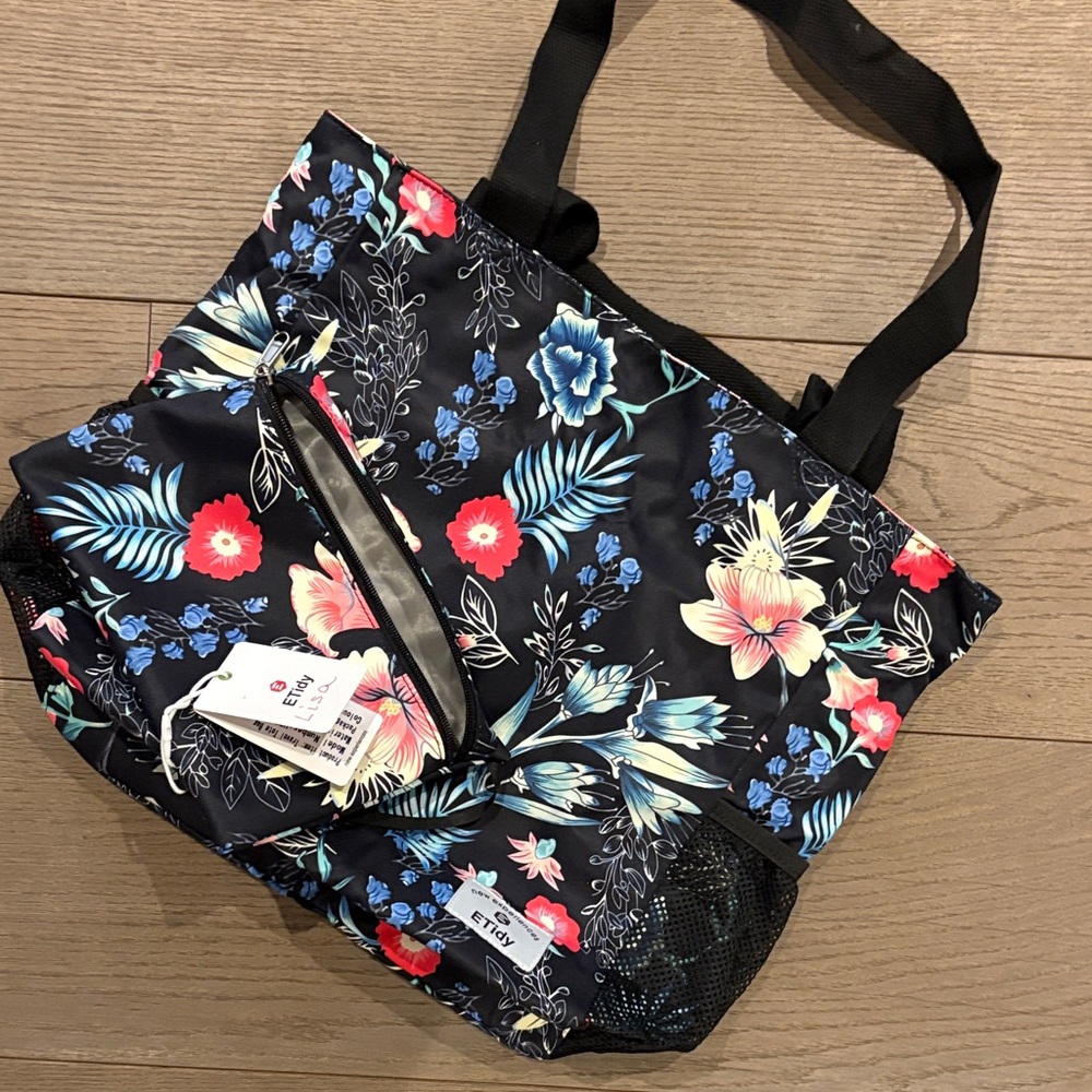 Floral Black Tote Bag with Red and Blue Accents